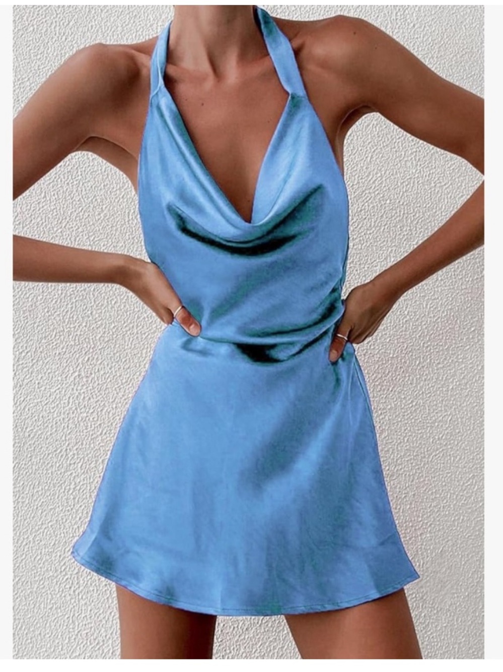 Sky Blue Satin Halter Cowl Mini Dress